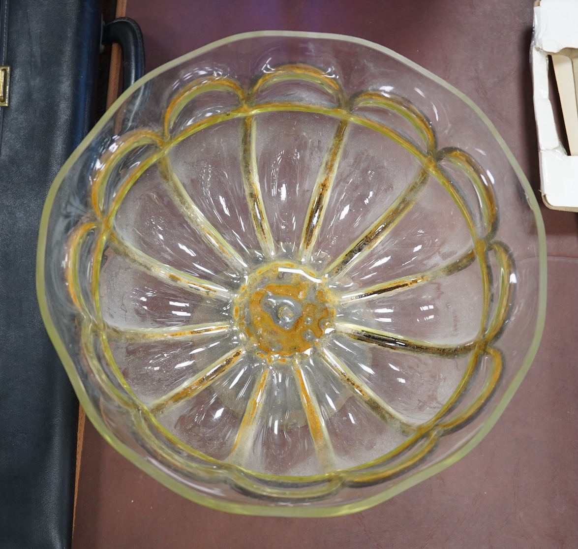 A wrought iron and clear glass pedestal bowl, 26.5cm tall. Condition - would benefit from a clean, otherwise good